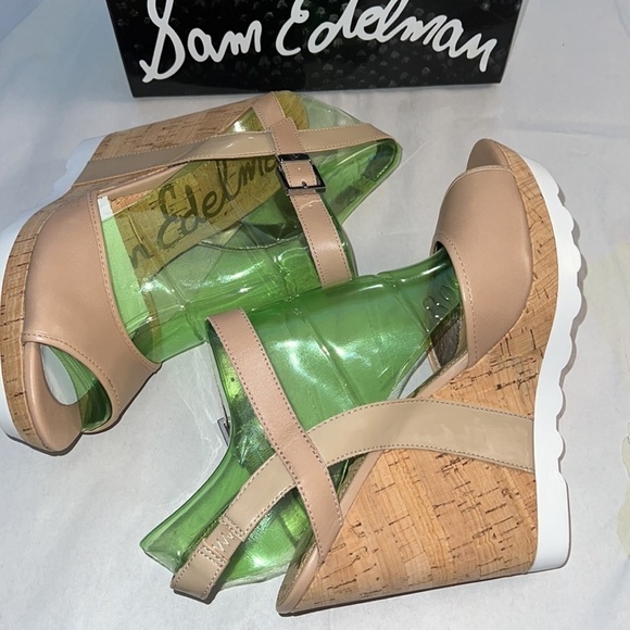 Sam Edelman Karina Nude Leather cork heels platform side buckle sandals Sz 10 - Picture 3 of 10